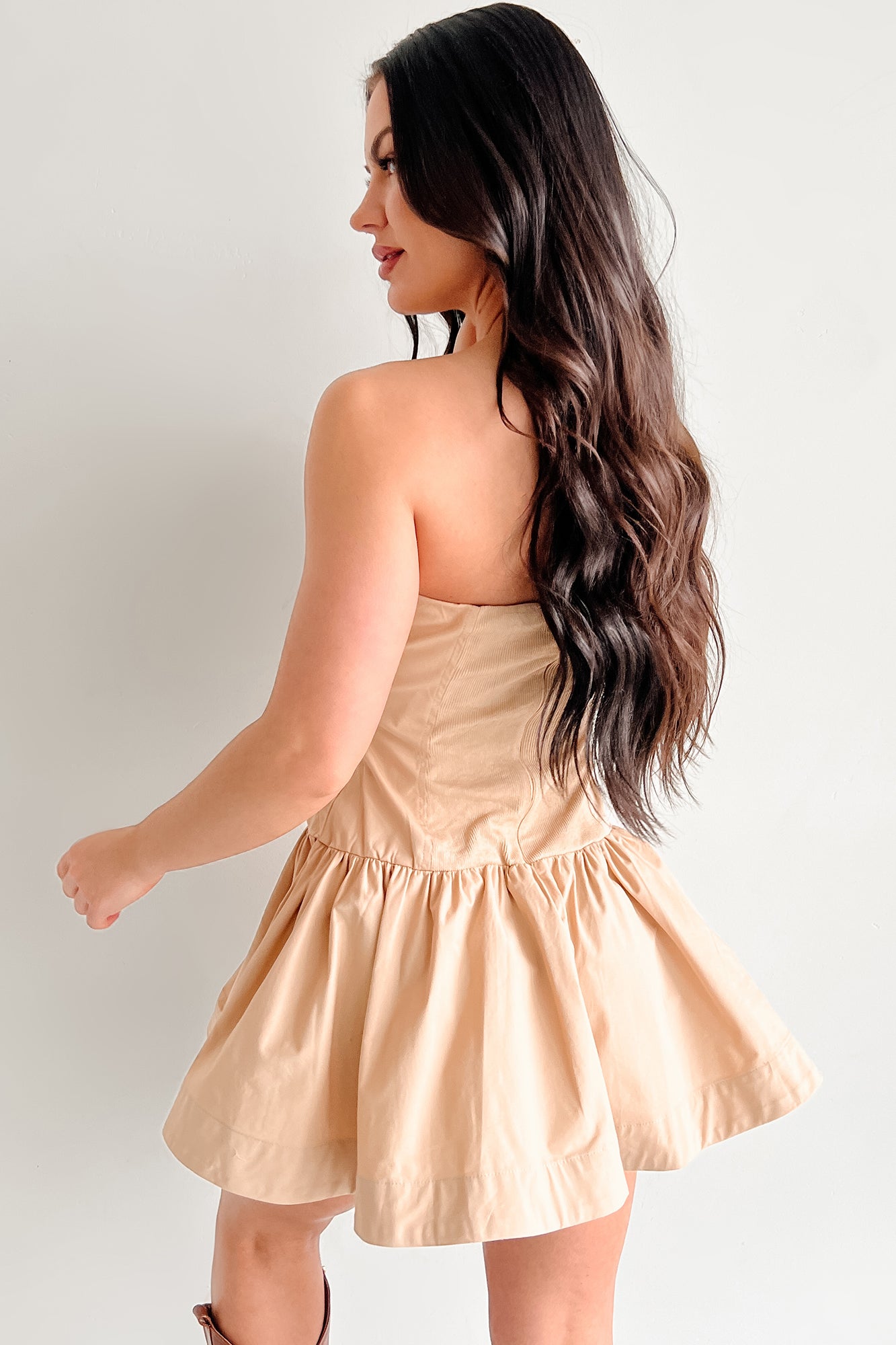 Strutting In Style Strapless Mini Dress (Taupe) - NanaMacs