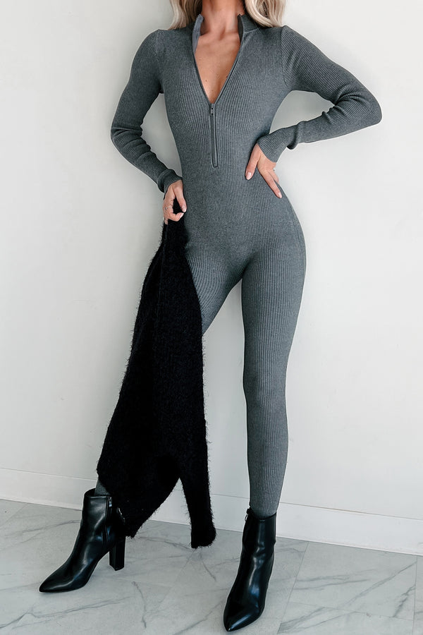 Lowkey And Loving It Zip Front Ribbed Jumpsuit (Heather Grey) - NanaMacs