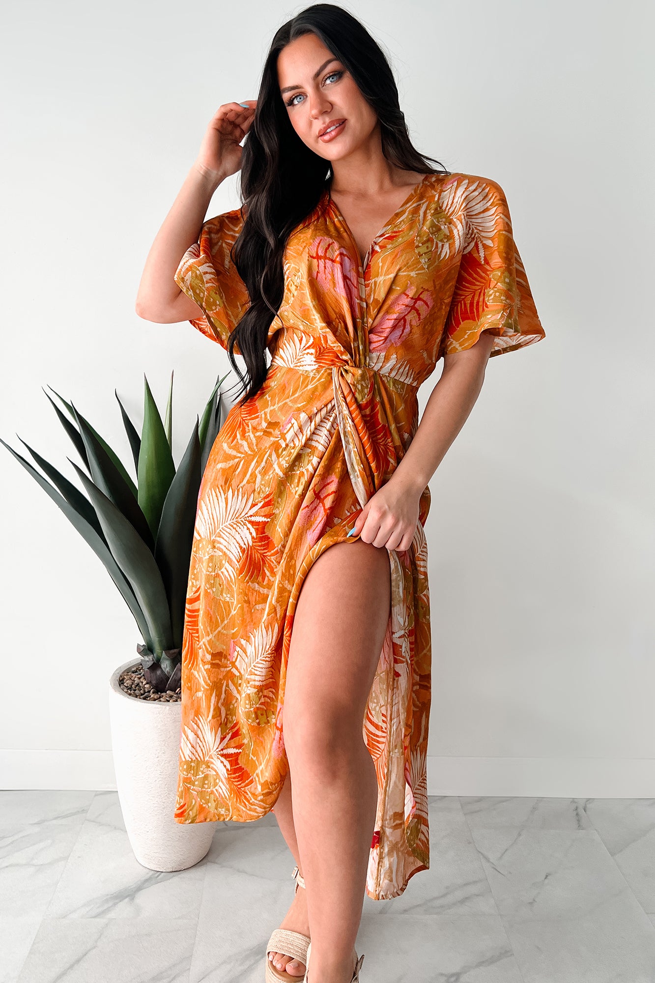 Slow Down & Smell The Roses Tropical Print Midi Dress (Mustard/Multi) - NanaMacs