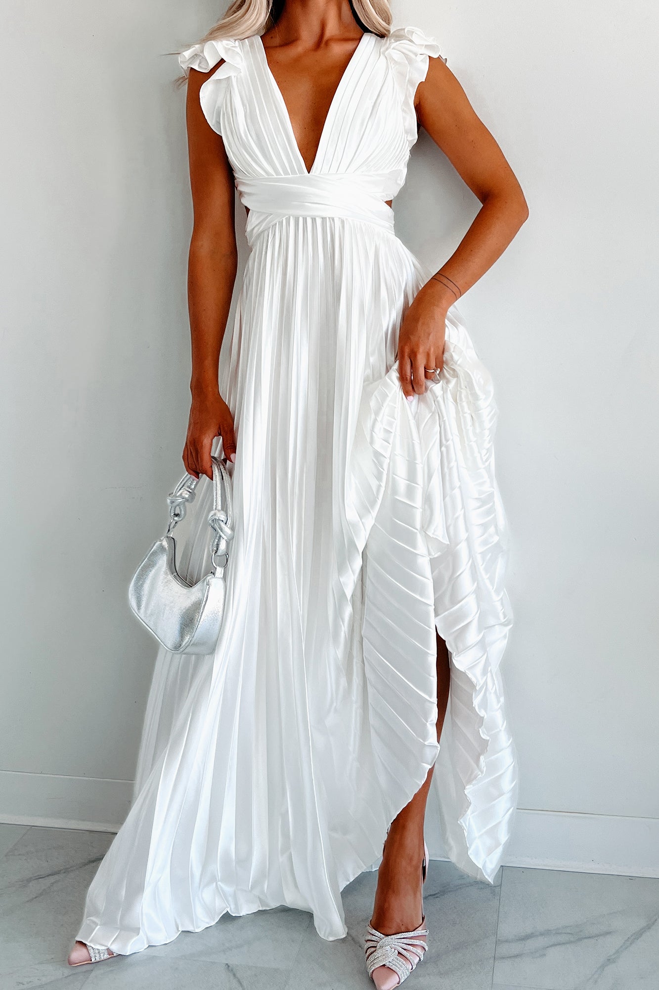 Opulent Occasion Pleated Ruffle Maxi Dress (White) - NanaMacs