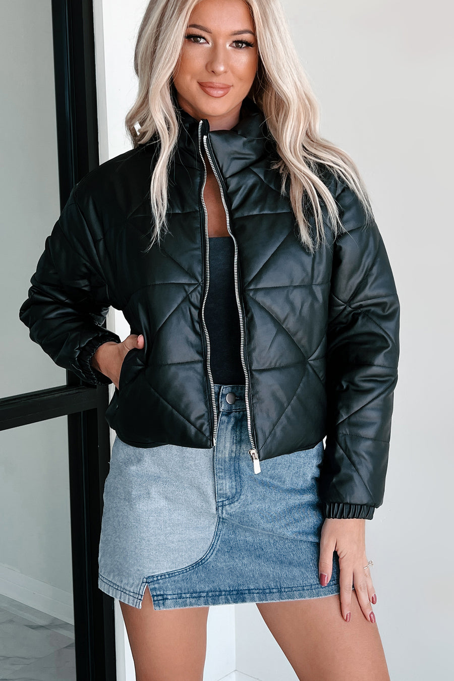 Get Frosty Faux Leather Quilted Puffer Jacket (Black) - NanaMacs