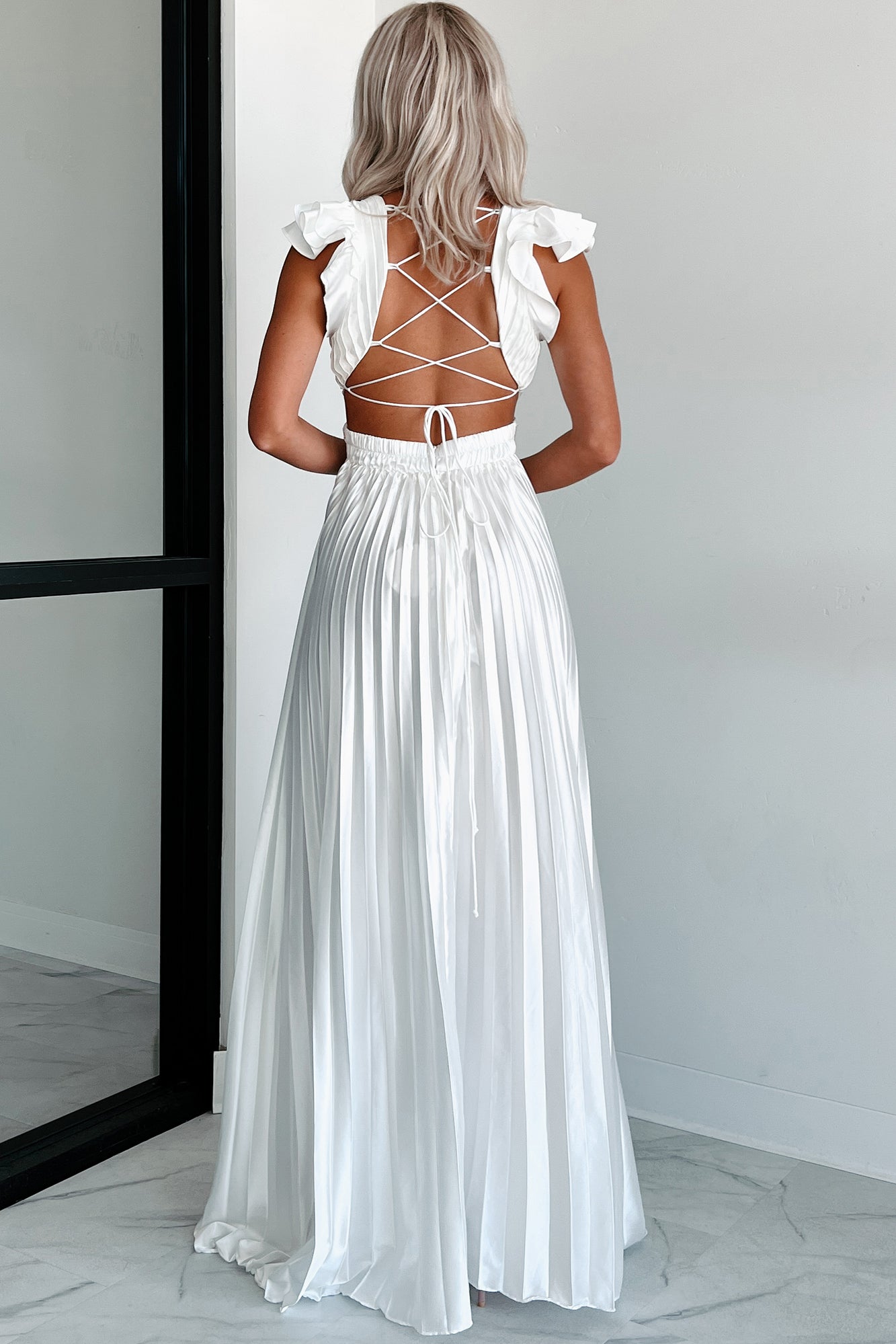 Opulent Occasion Pleated Ruffle Maxi Dress (White) - NanaMacs