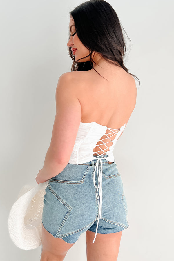 Rose Tinted Living Strapless Ruffle Crop Top (Off White) - NanaMacs