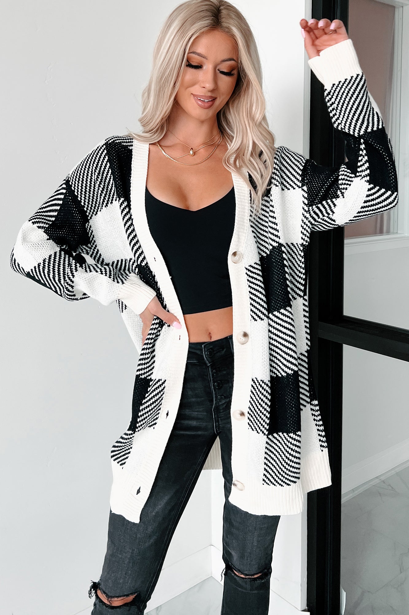 Classically Trained Plaid Sweater Cardigan (Ivory) - NanaMacs