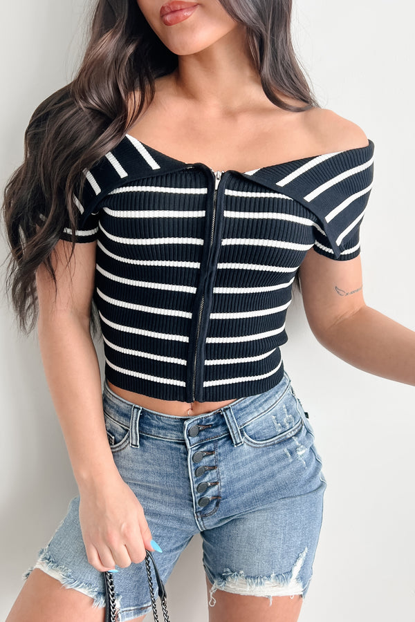 Lovely & Kind Off The Shoulder Striped Zip-Up Top (Black) - NanaMacs