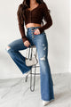 Geraldine Judy Blue Mid Rise Button Fly Distressed Flare Jeans (Medium) - NanaMacs