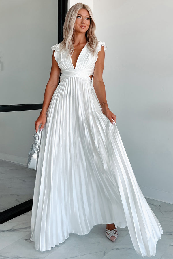 Opulent Occasion Pleated Ruffle Maxi Dress (White) - NanaMacs