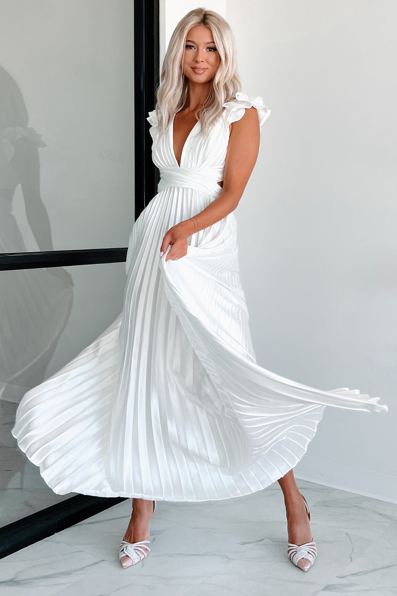 Opulent Occasion Pleated Ruffle Maxi Dress (White) - NanaMacs