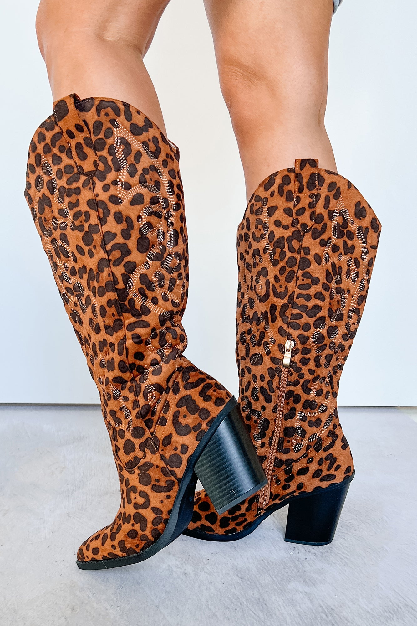 Didn't Come To Play Faux Suede Cowgirl Boots (Leopard) - NanaMacs