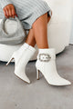 Dion Rhinestone Buckle Pointed Toe Booties (White Pu) - NanaMacs