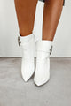 Dion Rhinestone Buckle Pointed Toe Booties (White Pu) - NanaMacs