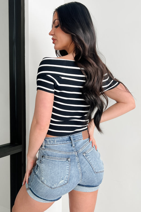 Lovely & Kind Off The Shoulder Striped Zip-Up Top (Black) - NanaMacs