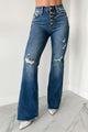 Geraldine Judy Blue Mid Rise Button Fly Distressed Flare Jeans (Medium) - NanaMacs