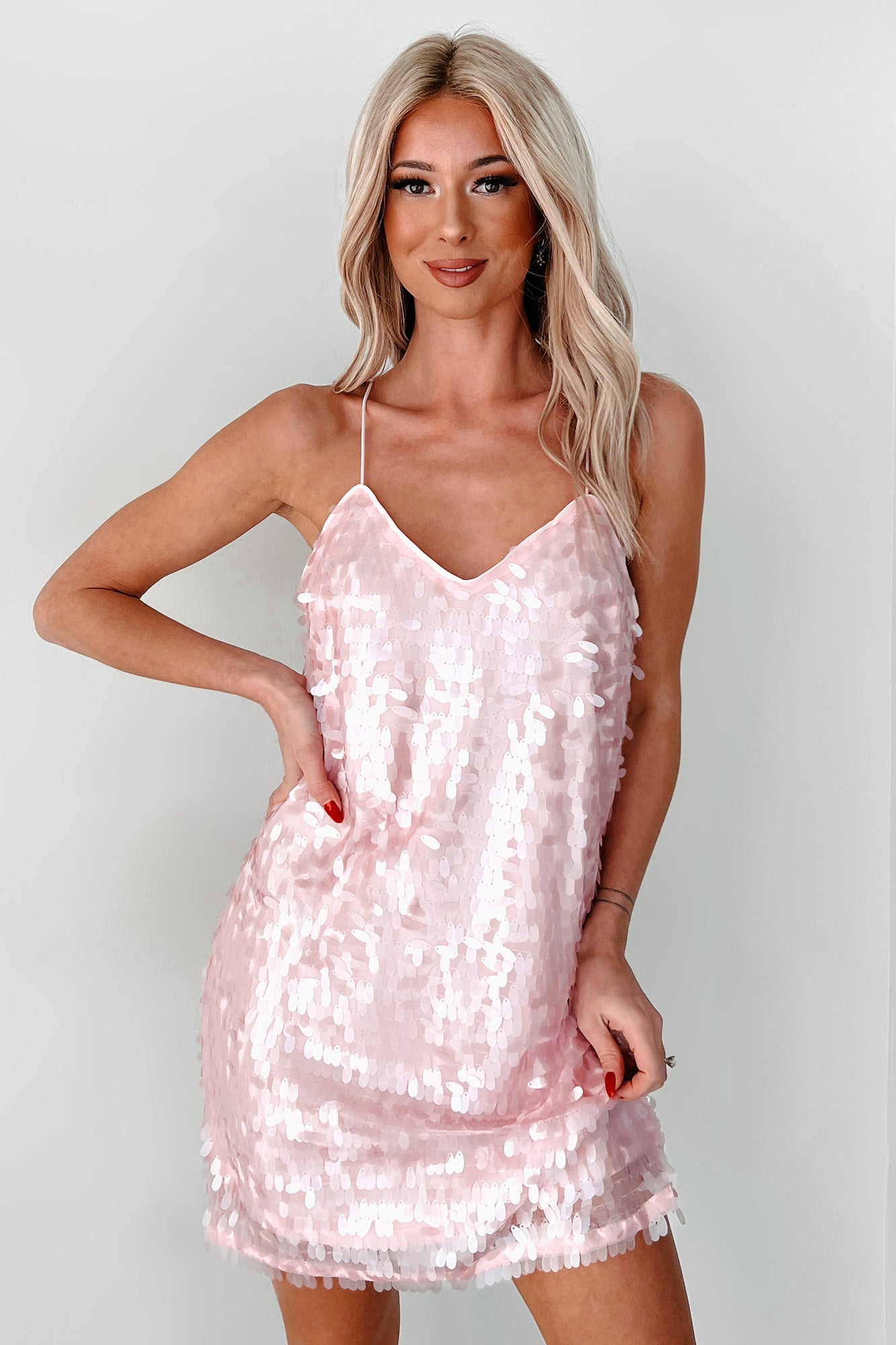 Dazzling Fashion Pearlescent Sequin Mini Dress (Baby Pink) - NanaMacs