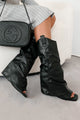 Quite Stylish Open Toe Knee High Wedge Boots (Black) - NanaMacs