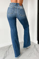 Geraldine Judy Blue Mid Rise Button Fly Distressed Flare Jeans (Medium) - NanaMacs