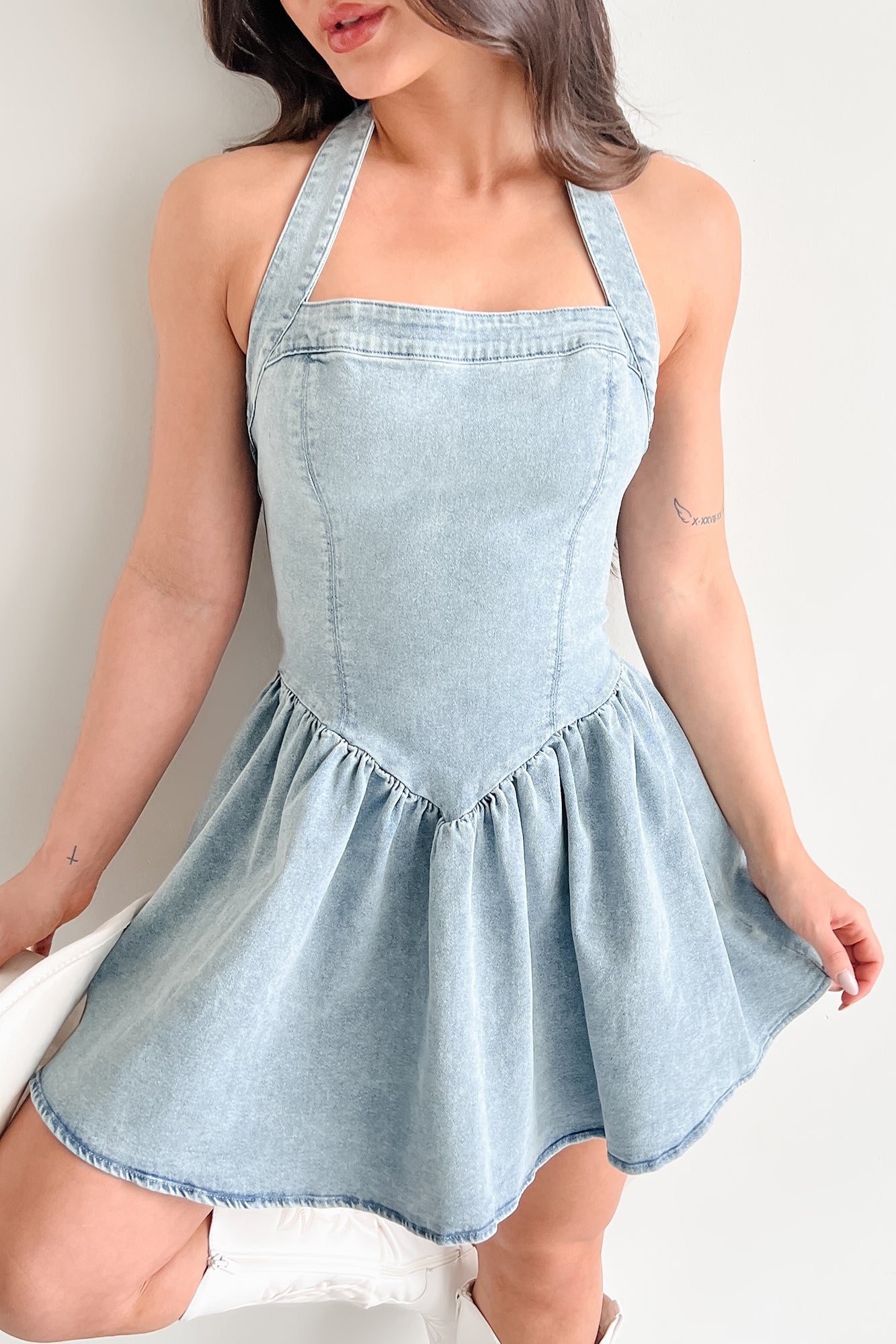 Keeping It Playful Halter Denim Mini Dress (Light) - NanaMacs