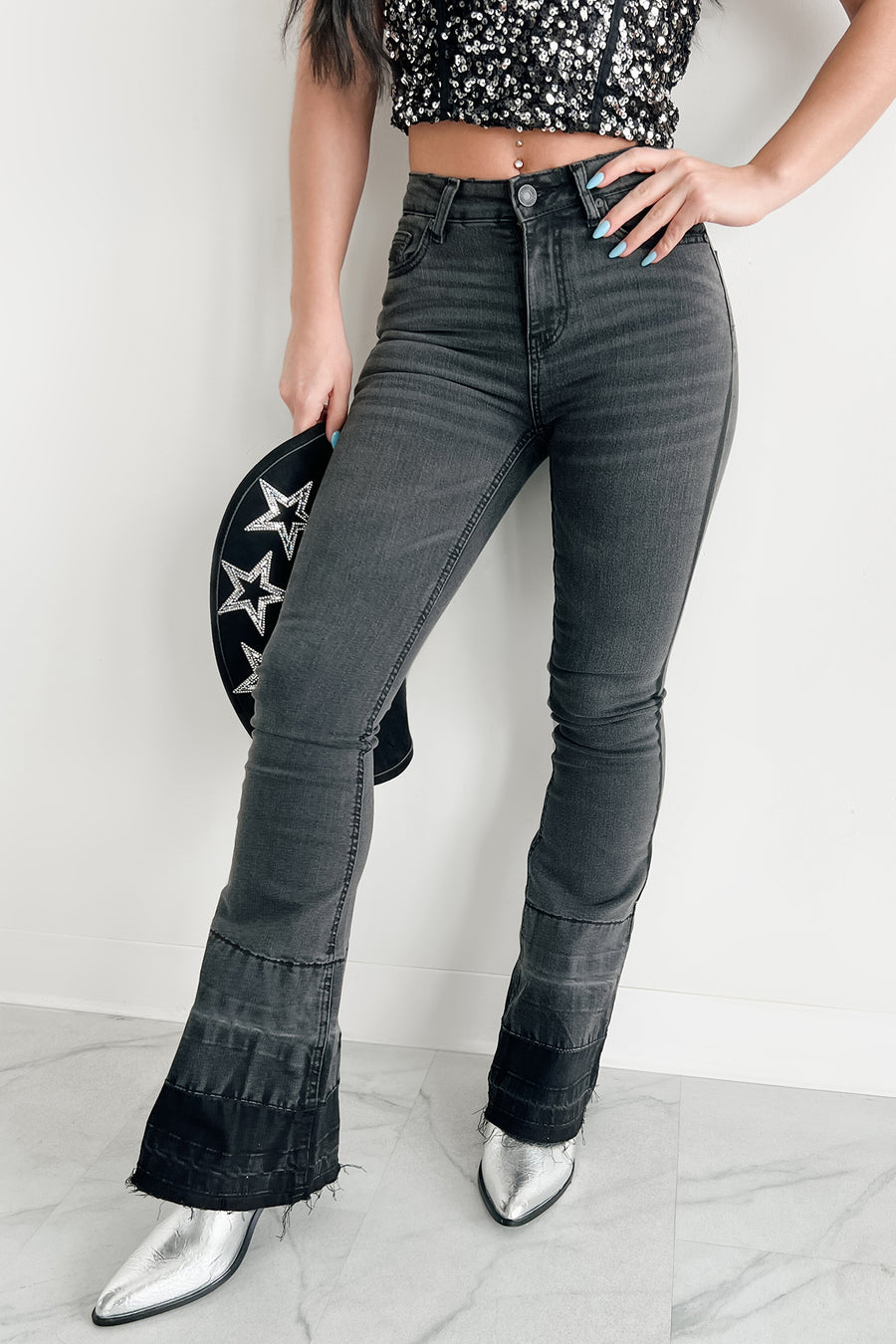 Valkyrie High Rise Flare Indigo Reign Jeans (Black) - NanaMacs