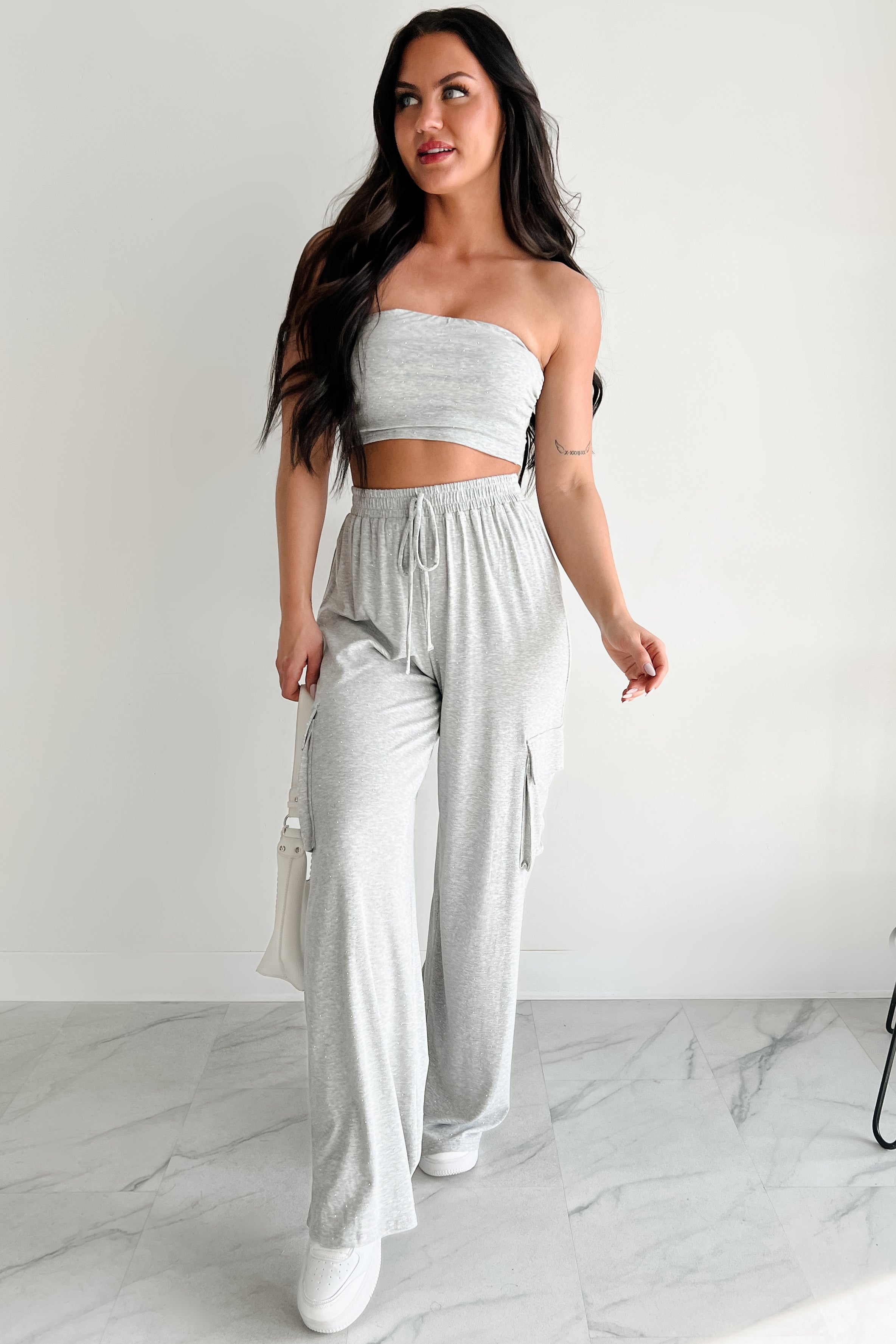 Chill & Cozy Two Piece Rhinestone Lounge Set (Grey) - NanaMacs