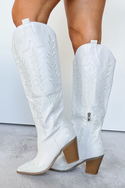 Not Even Trying Pointed Toe Rhinestone Cowgirl Boots (White) - NanaMacs