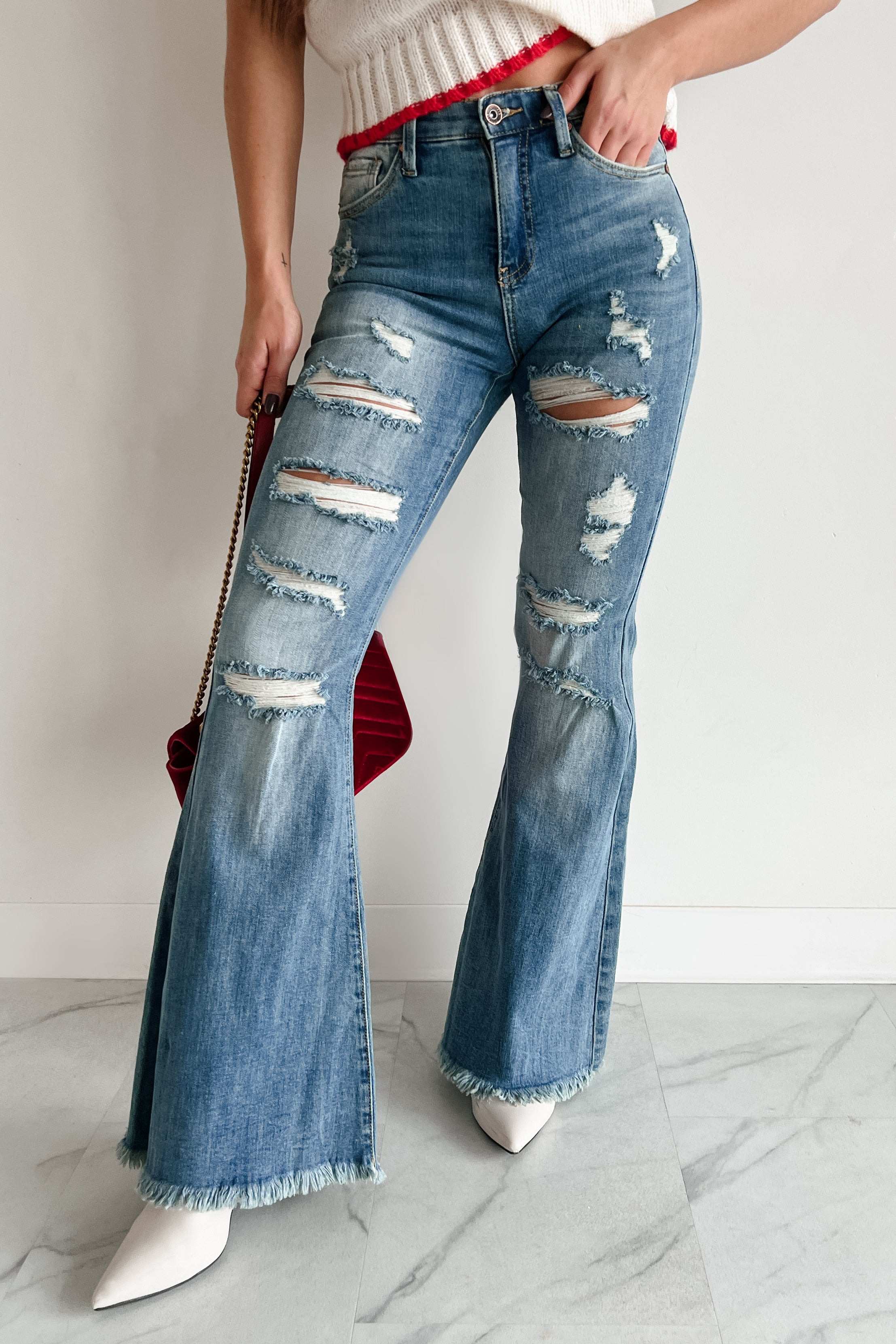 Zora Special A High Rise Distressed Tummy Control Flare Jeans