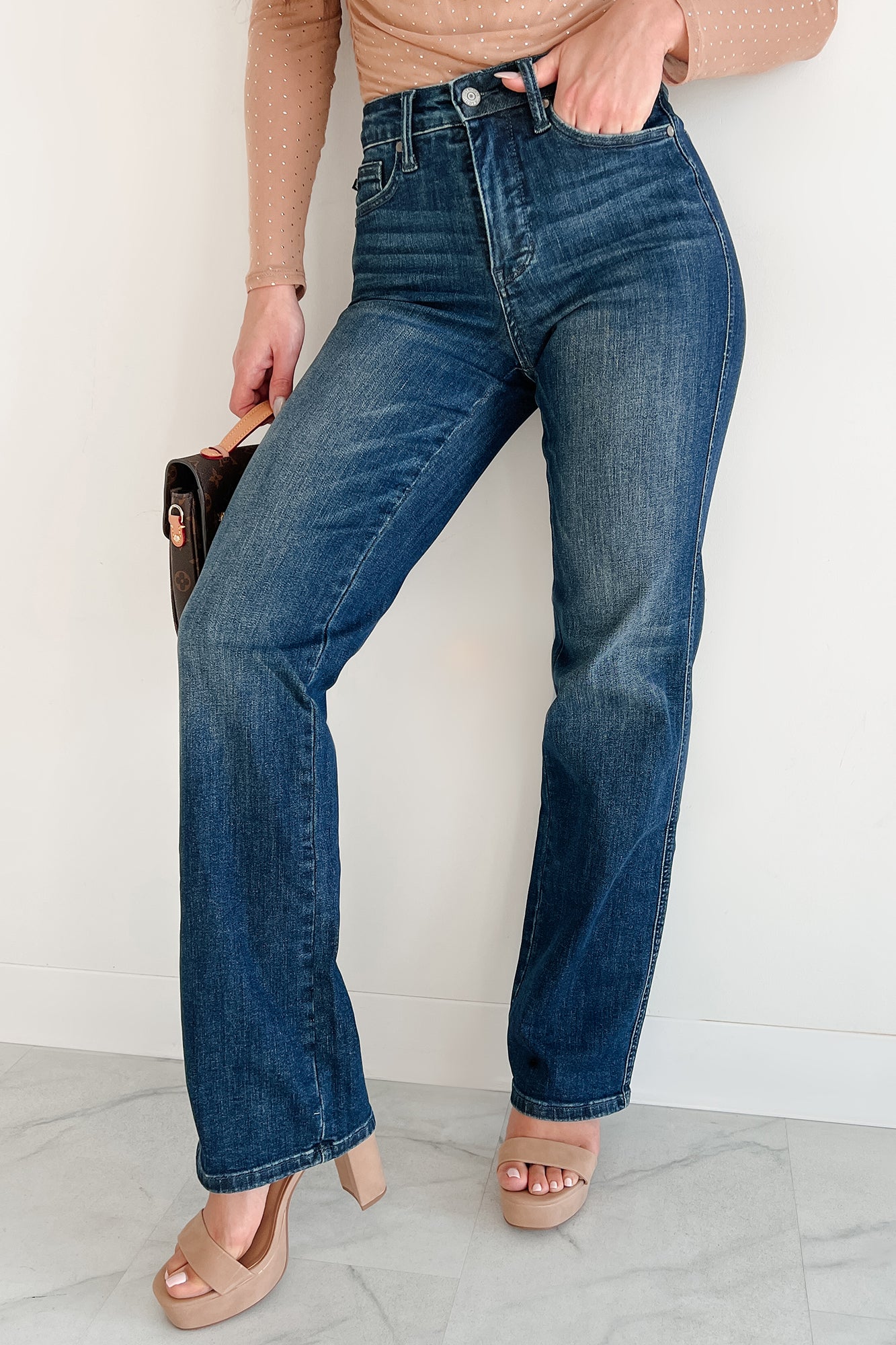 Carlyle Mid Rise Tummy Control Judy Blue Straight Leg Jeans (Dark) - NanaMacs