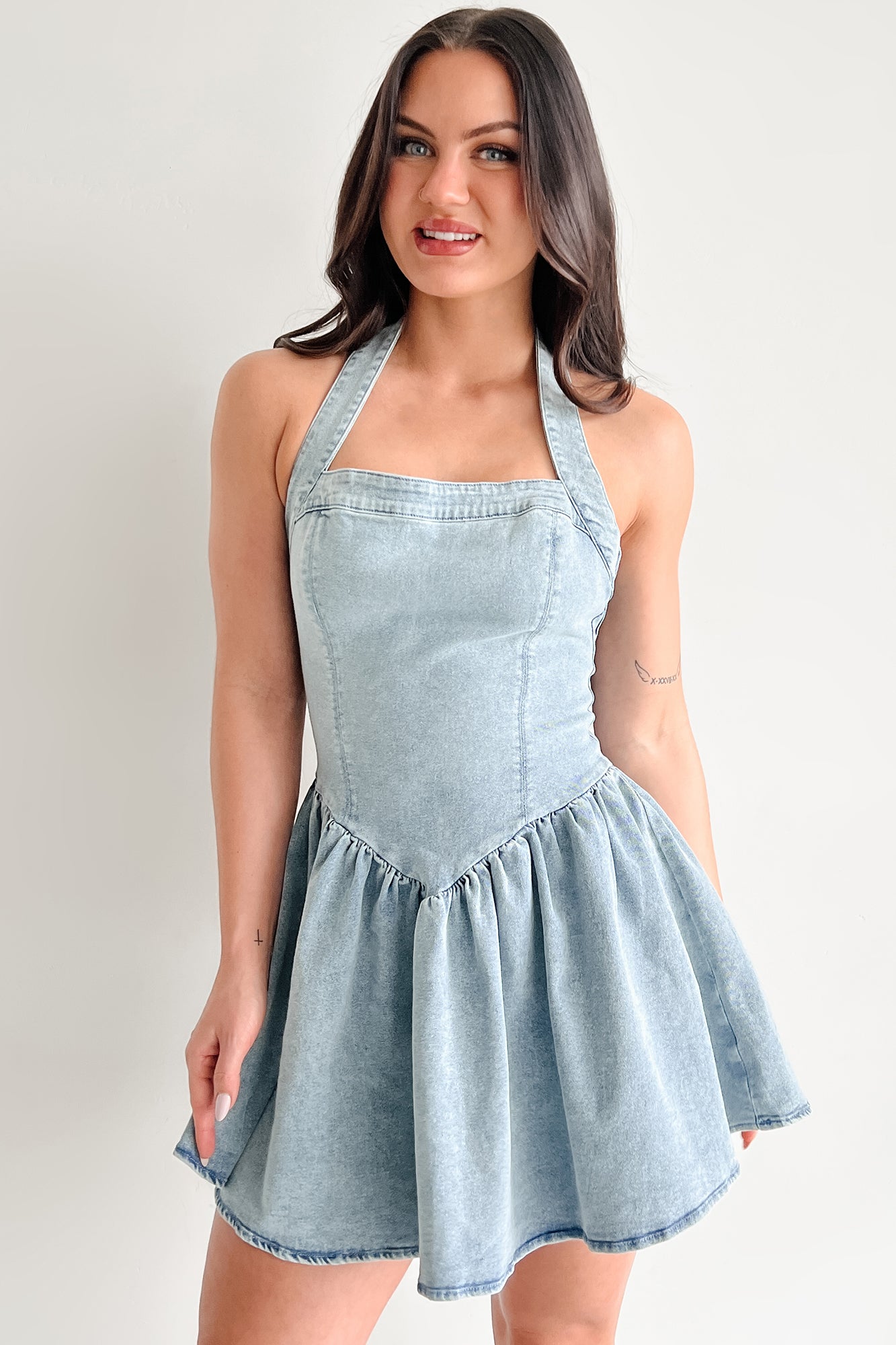 Keeping It Playful Halter Denim Mini Dress (Light) - NanaMacs