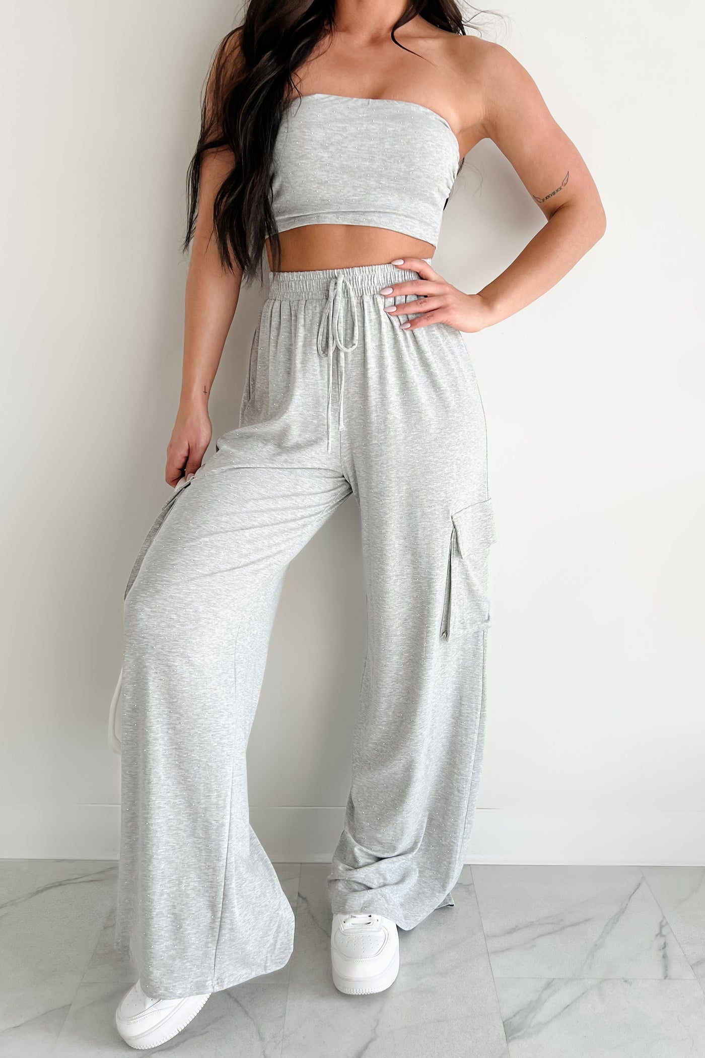 Chill & Cozy Two Piece Rhinestone Lounge Set (Grey) - NanaMacs