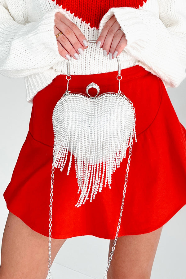 Loving The Glam Rhinestone Fringe Heart Clutch Purse (Silver) - NanaMacs