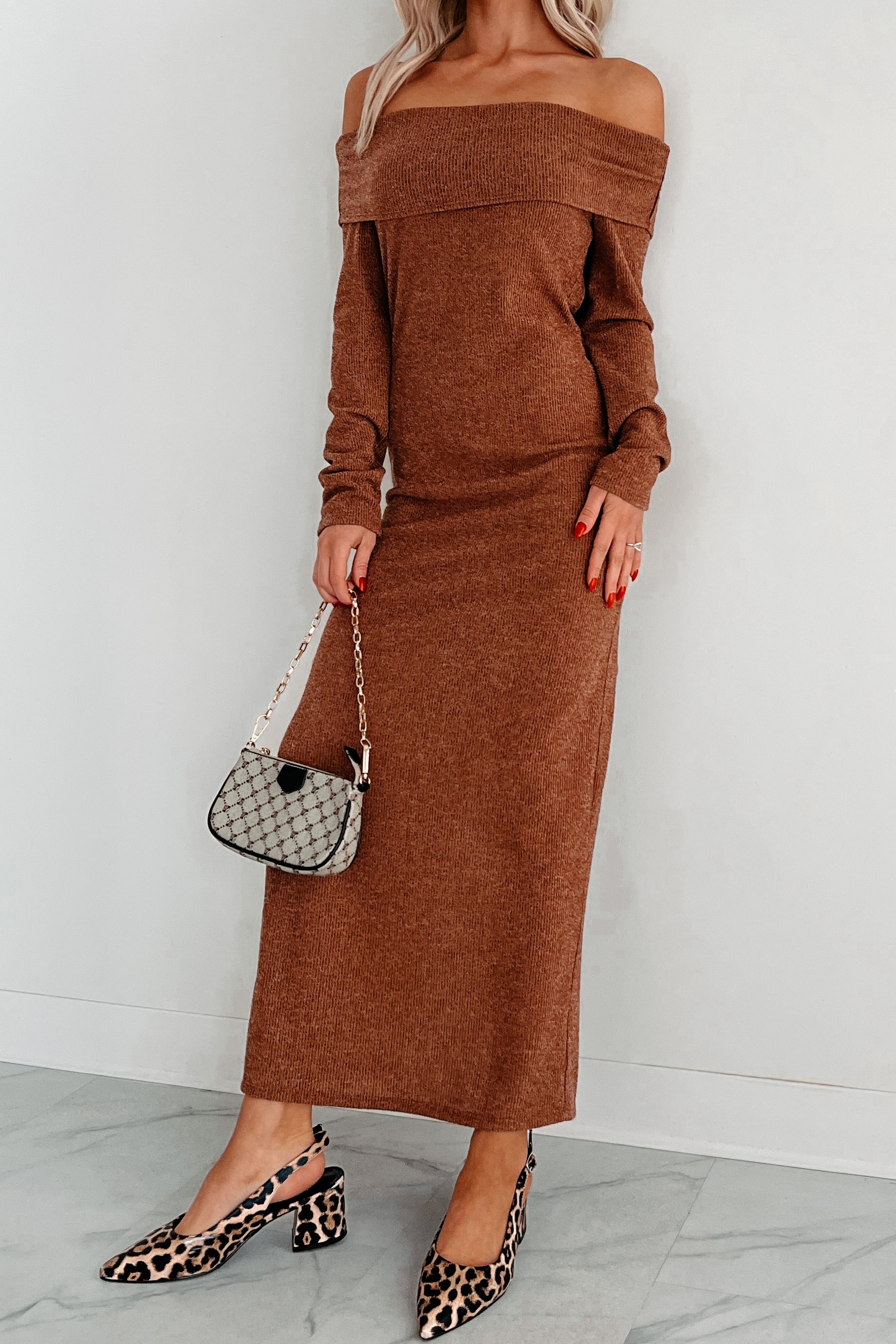 Tanya Off The Shoulder Sweater Maxi Dress (Brown) - NanaMacs