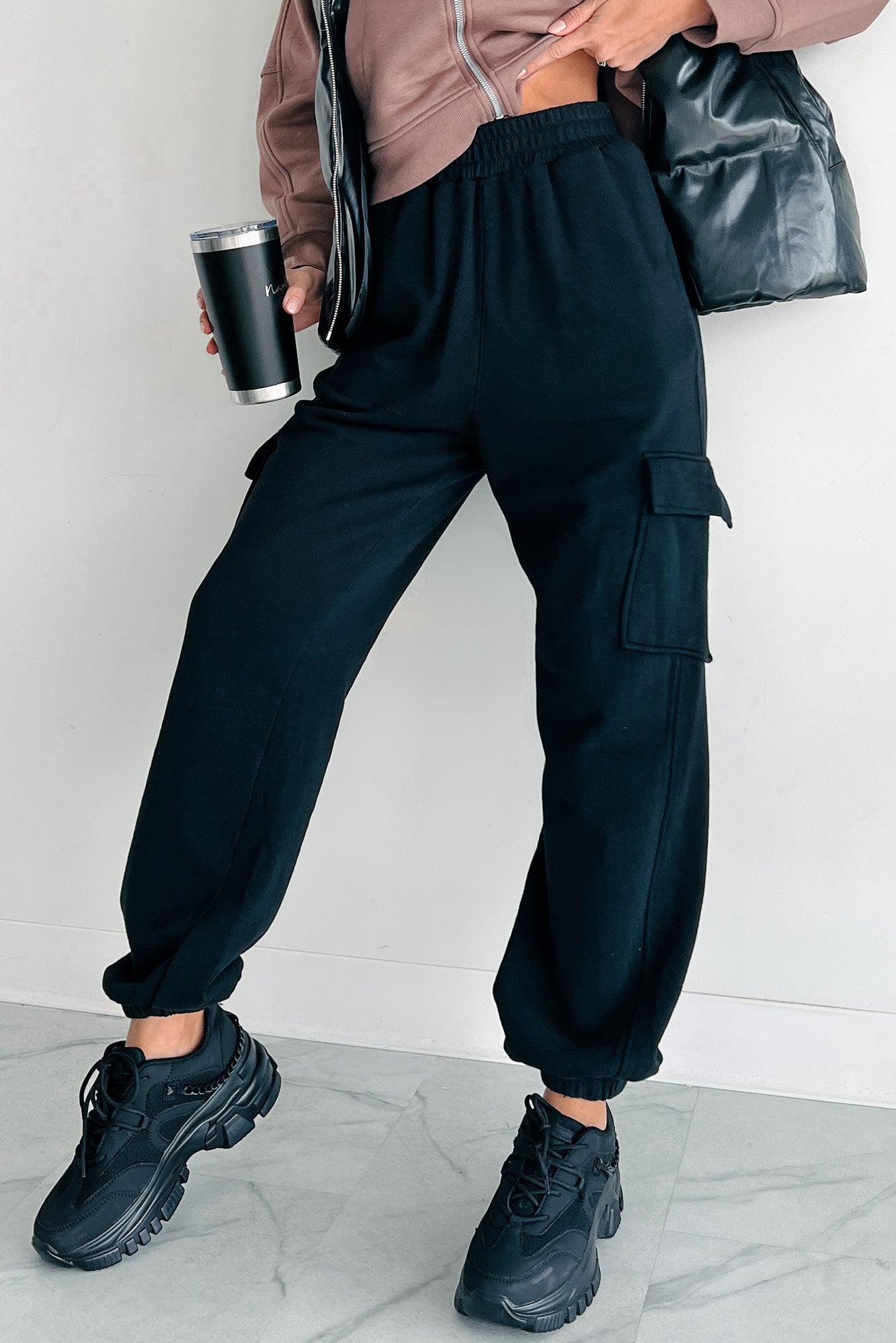 Practicing Patience Fleece Cargo Joggers (Black) - NanaMacs