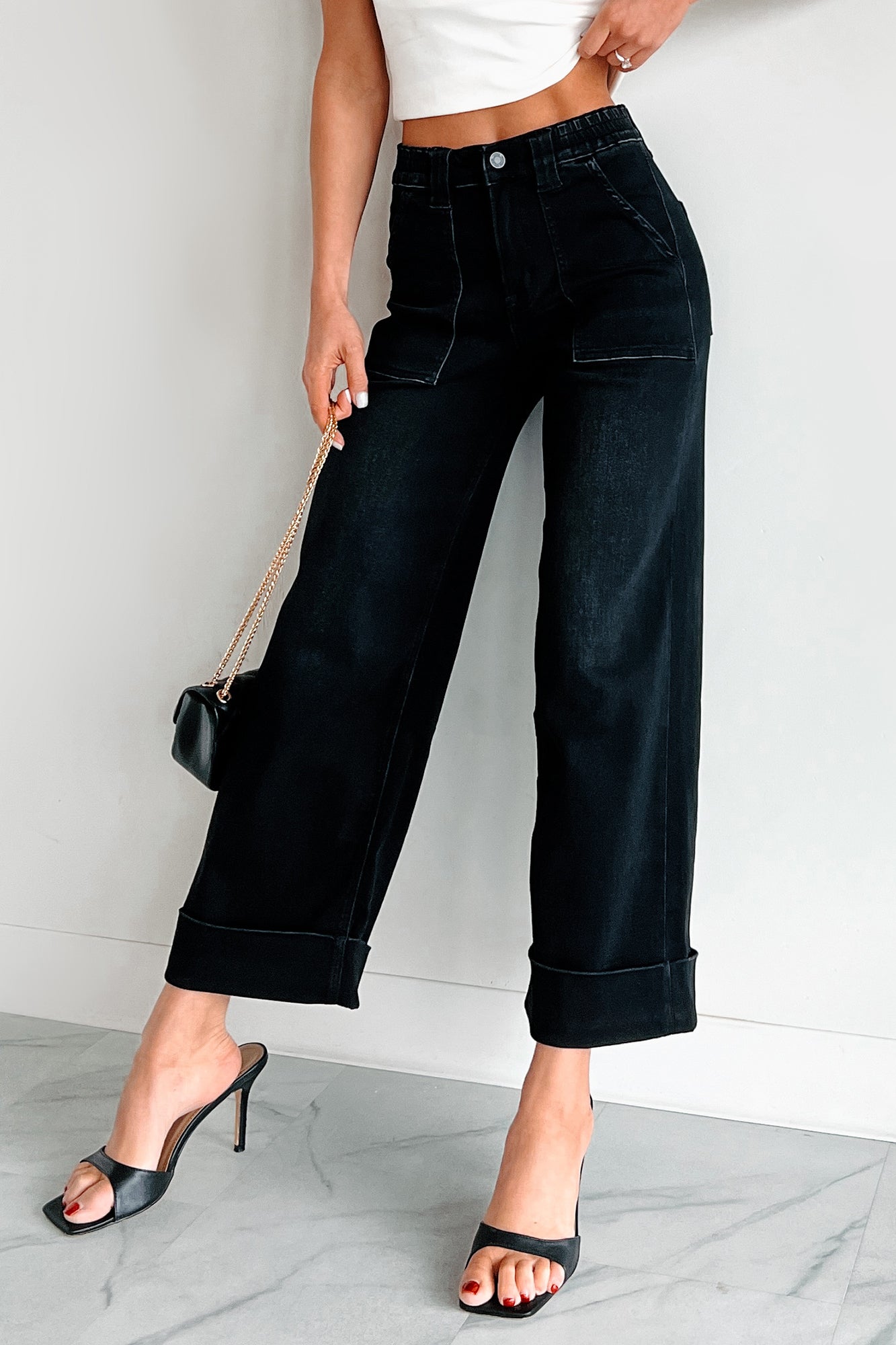 Graham Vervet High Rise Cuffed Wide Leg Jeans (Black) - NanaMacs