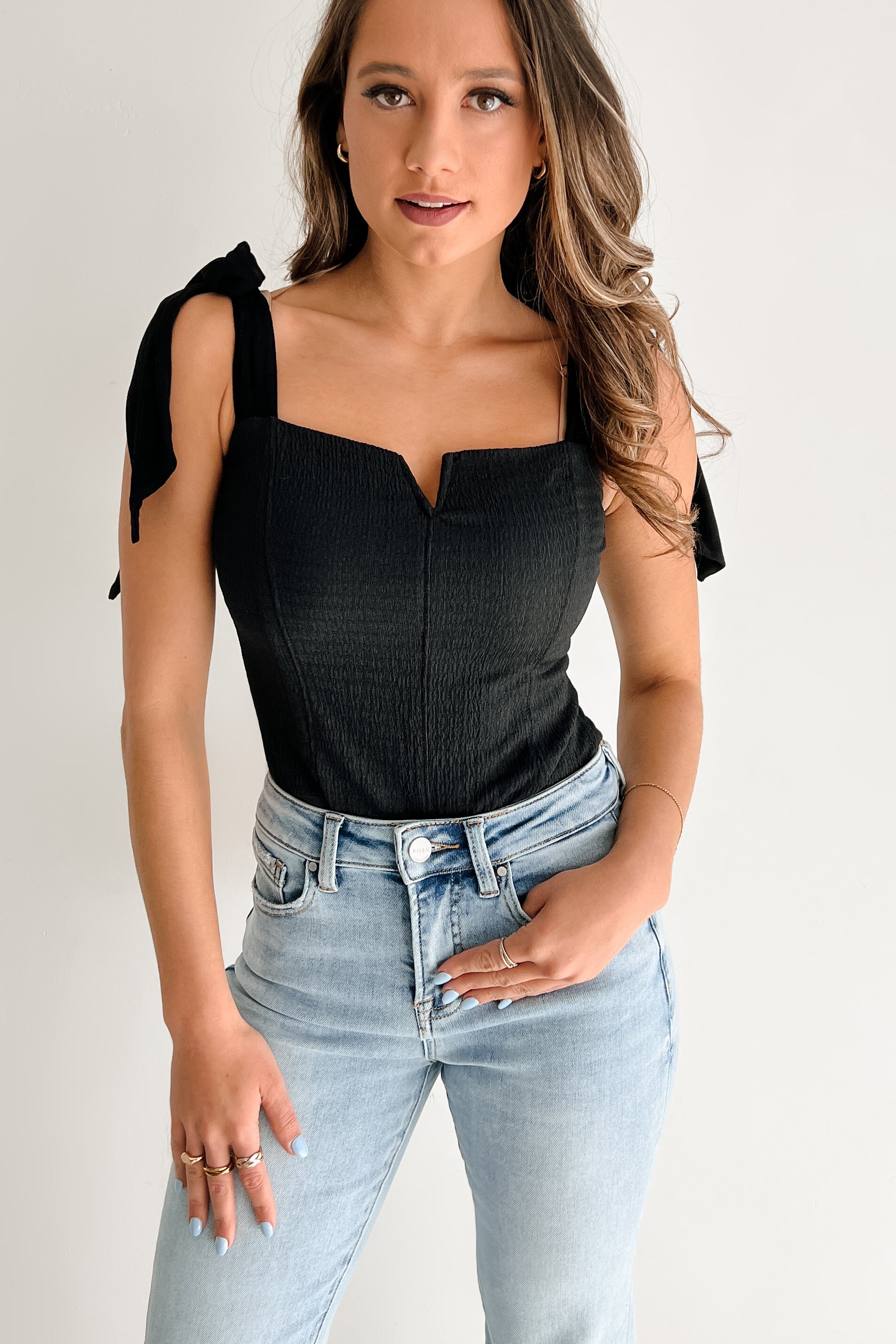 A Stitch In Time V-Notch Tie Strap Bodysuit (Black) - NanaMacs