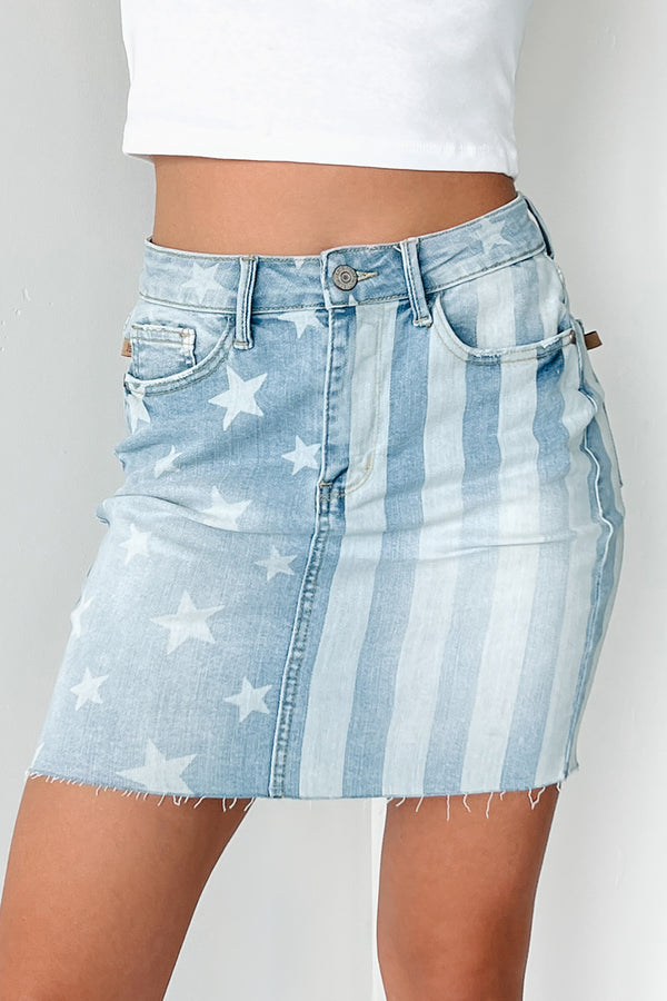 Proudly American Judy Blue American Flag Mini Skirt (Medium Wash) - NanaMacs