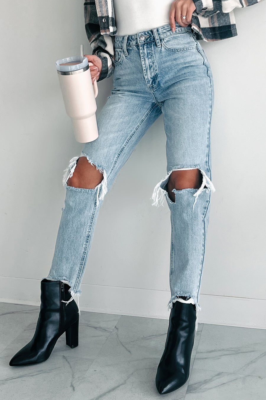 Alaina High Rise Distressed Boyfriend Jeans (Light Denim)