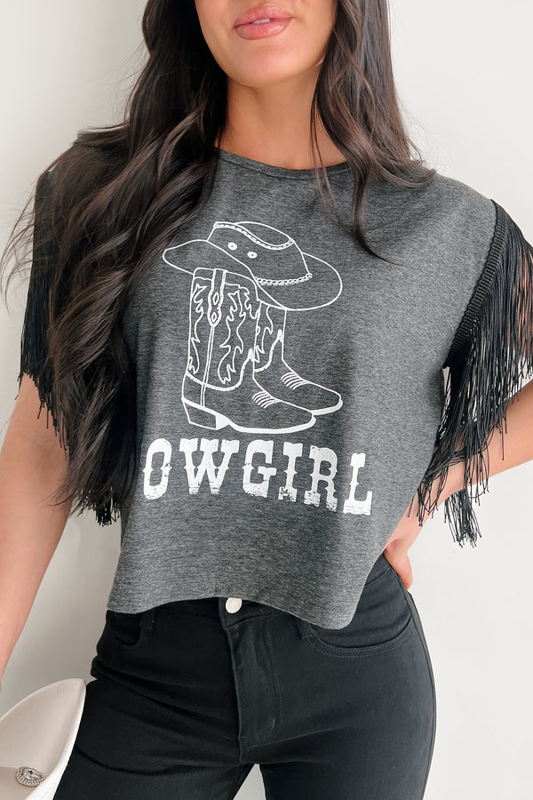 Hit The Trail Fringed Sleeve Cowgirl Graphic Shirt (Charcoal) - NanaMacs