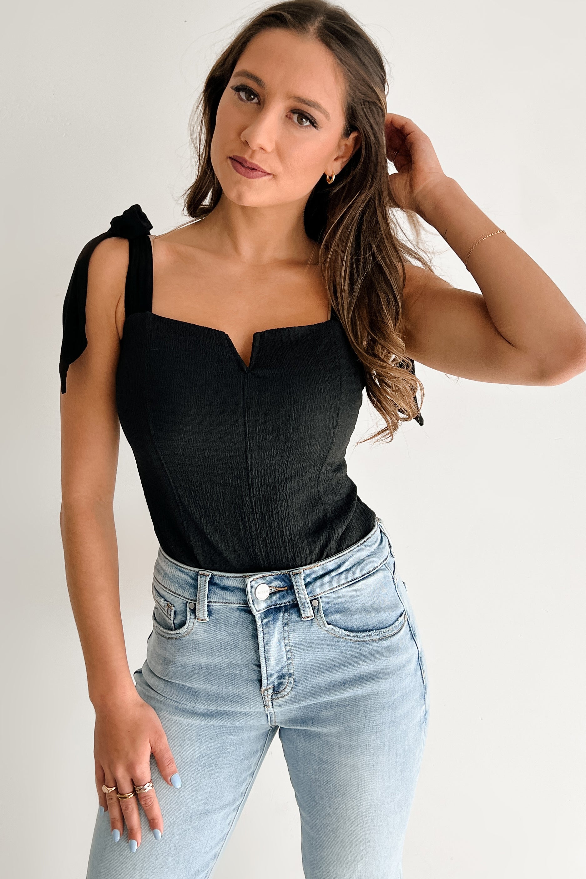 A Stitch In Time V-Notch Tie Strap Bodysuit (Black) - NanaMacs