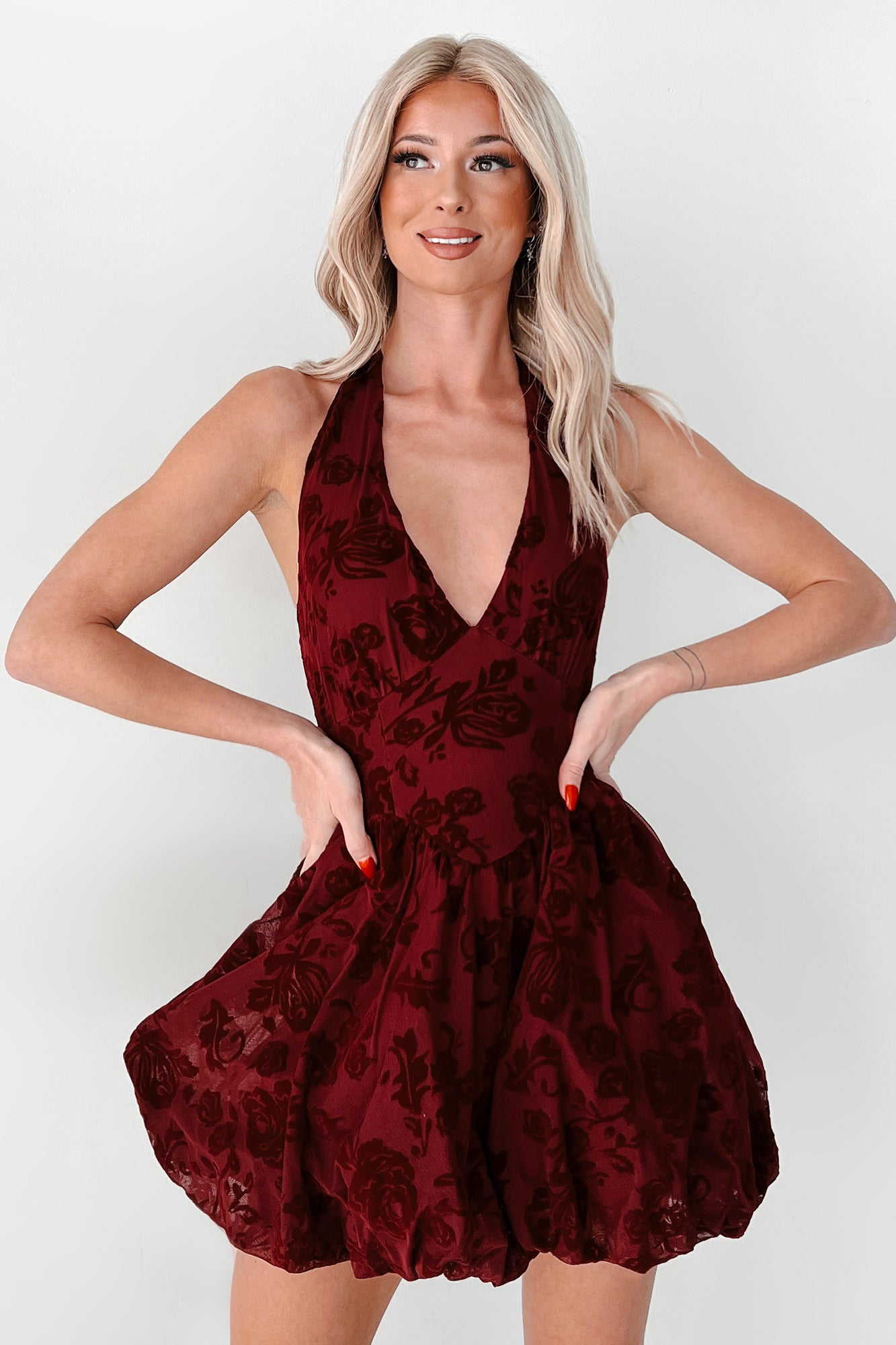 Tears Into Wine Halter Bubble Hem Mini Dress (Wine) - NanaMacs