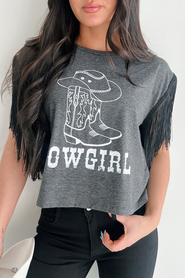 Hit The Trail Fringed Sleeve Cowgirl Graphic Shirt (Charcoal) - NanaMacs