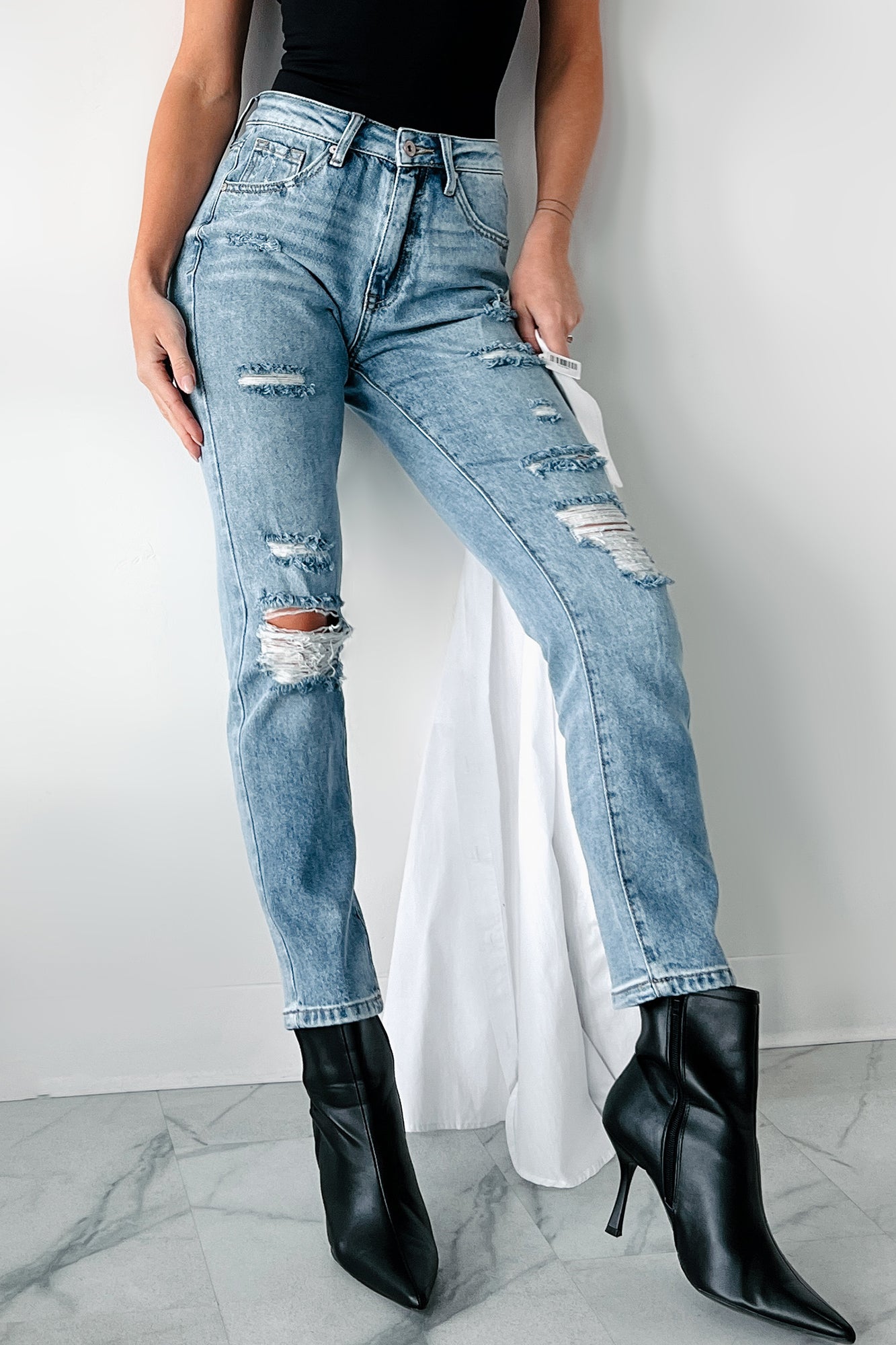 Emilio High Rise Distressed Rigid Stretch Special A Jeans (Medium Light) - NanaMacs