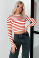 Lacy Ribbed Stripe Long Sleeve Top (Red/Ivory) - NanaMacs