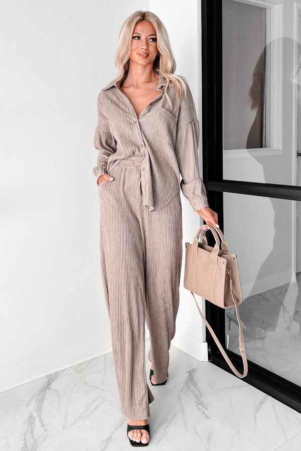 All In Good Time Plisse Button Down Loungewear Set (Taupe) - NanaMacs