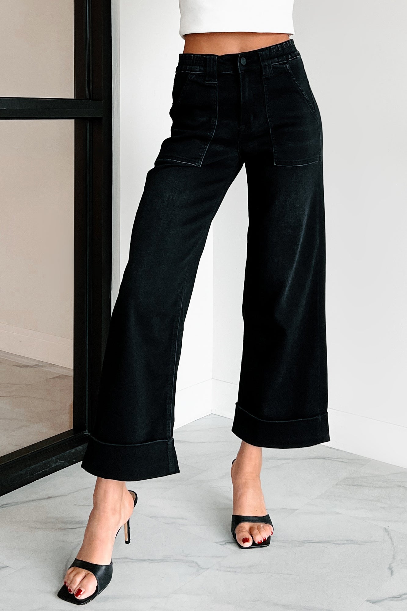 Graham Vervet High Rise Cuffed Wide Leg Jeans (Black) - NanaMacs