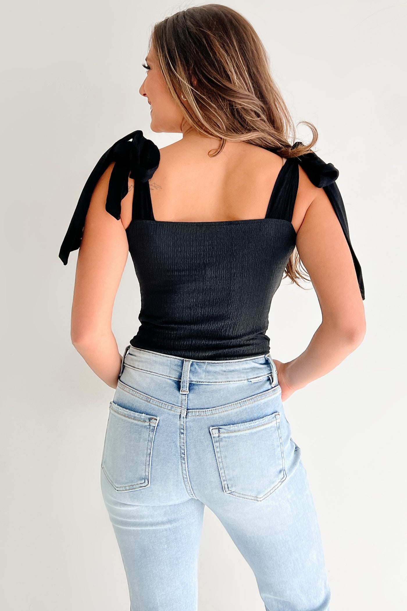 A Stitch In Time V-Notch Tie Strap Bodysuit (Black) - NanaMacs