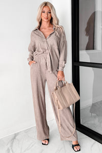 All In Good Time Plisse Button Down Loungewear Set (Taupe) - NanaMacs