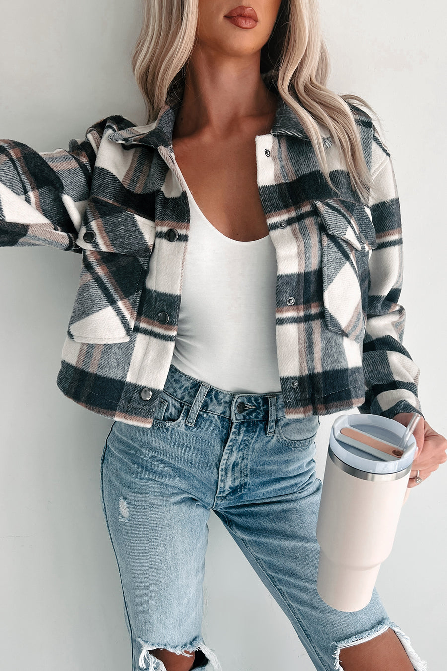 Take My Chances Plaid Crop Shacket (Charcoal) - NanaMacs