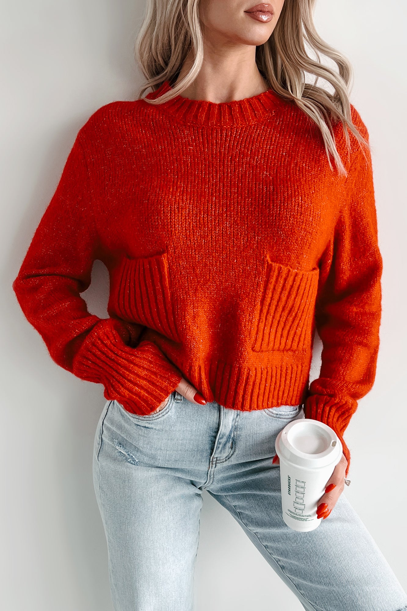 Learning My Worth Pocket Detailed Sweater (Red) - NanaMacs