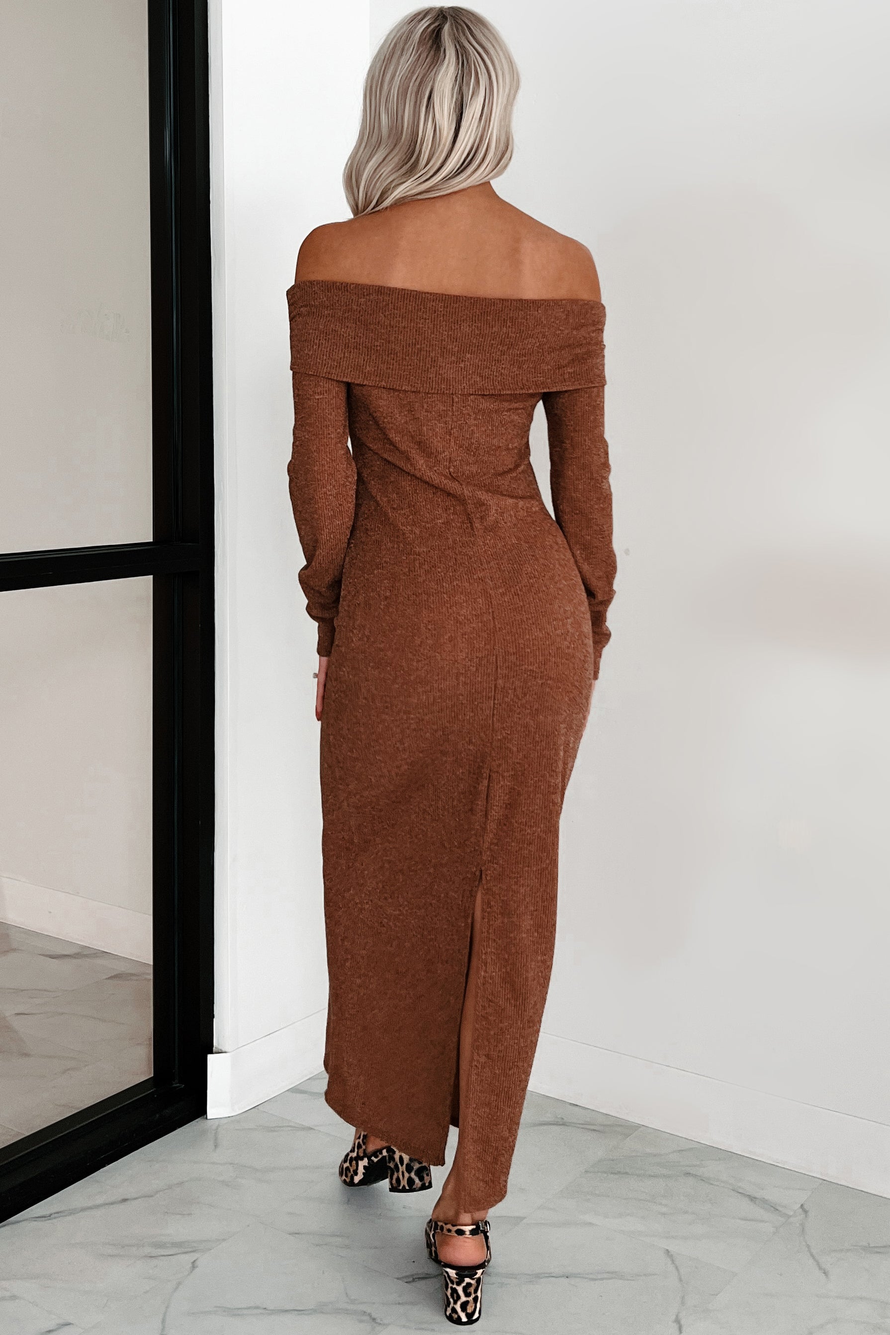 Tanya Off The Shoulder Sweater Maxi Dress (Brown) - NanaMacs