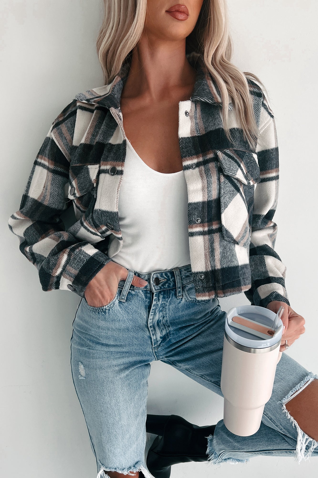 Take My Chances Plaid Crop Shacket (Charcoal) - Ships by 10/17