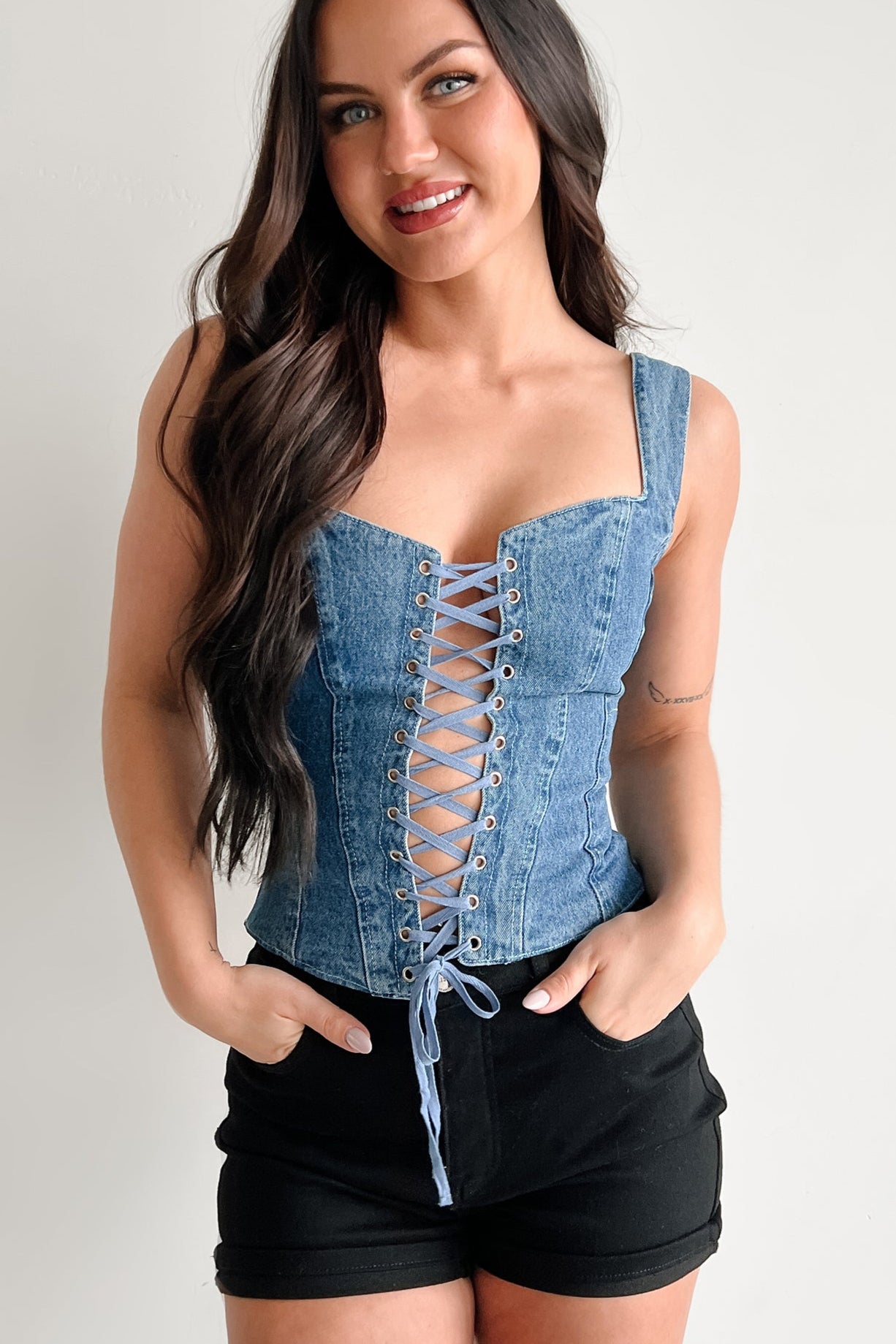 Live Authentically Lace Up Denim Top (Medium) - NanaMacs